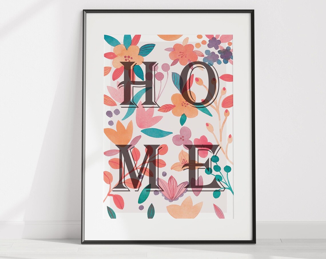Floral HOME Lettering Poster with Colorful Botanical Pattern