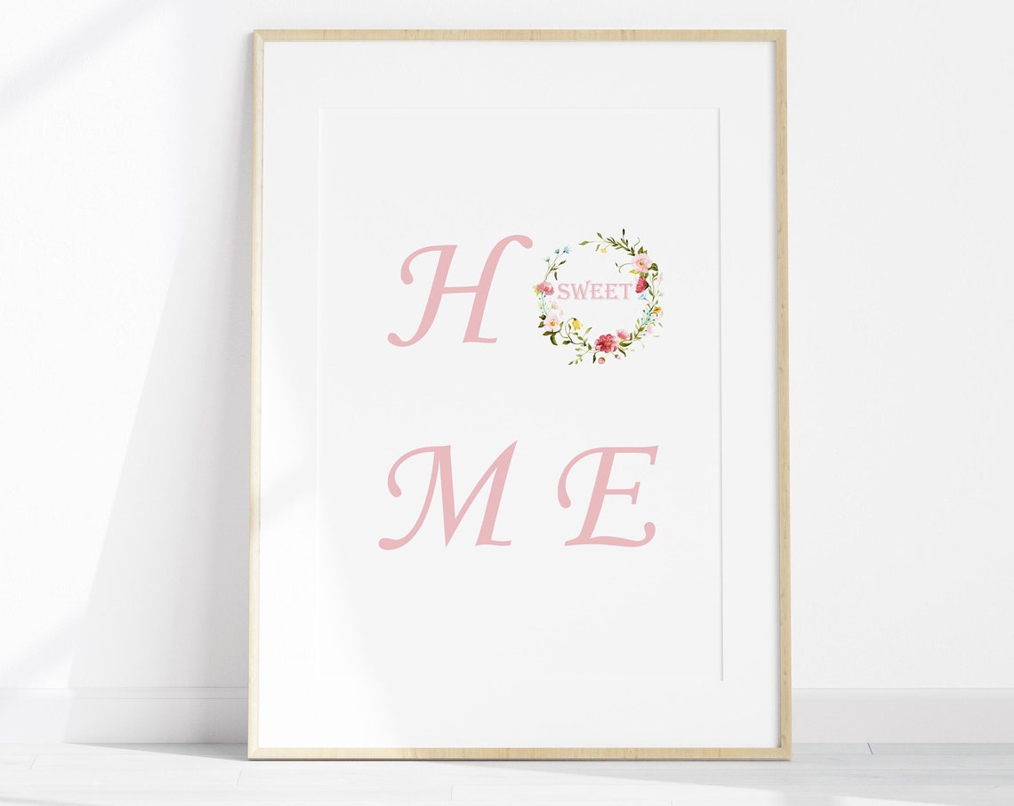 Home Sweet Home Floral Lettering Pink Typography Decor Wall Art