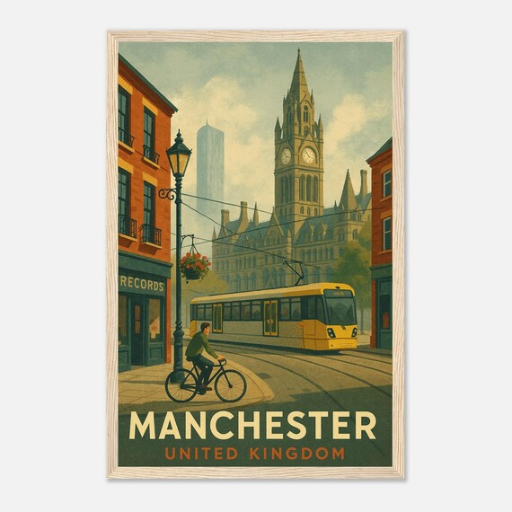 Manchester Town Hall Clock Tower Tram Vintage England Poster