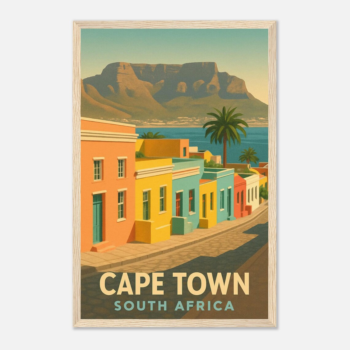 Cape Town Bo Kaap Houses Table Mountain Vintage Travel Poster