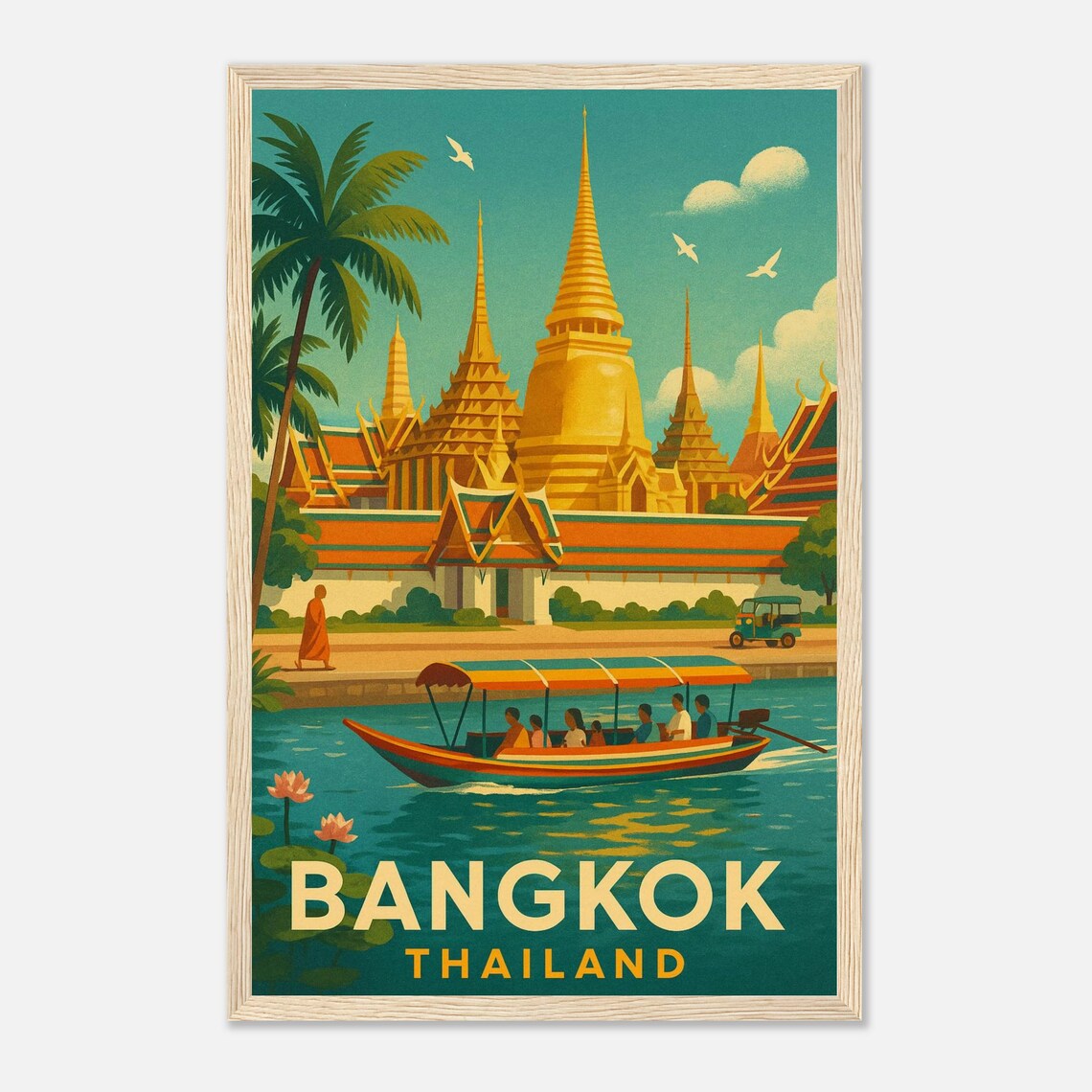 Bangkok Grand Palace Golden Chedis Thailand Vintage Travel Poster
