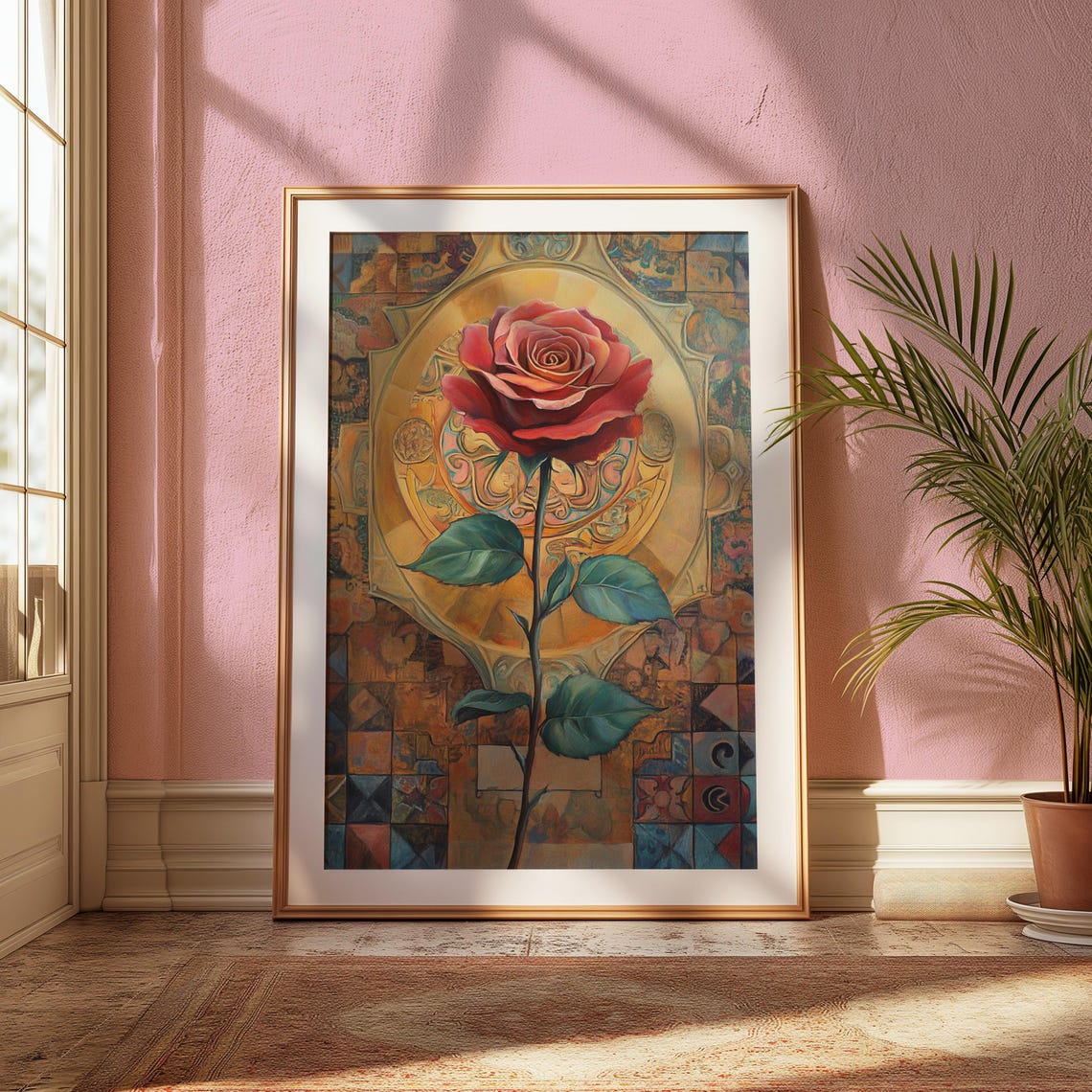 Red Rose Golden Medallion Azulejo Tile Background Romantic Poster - Image 2