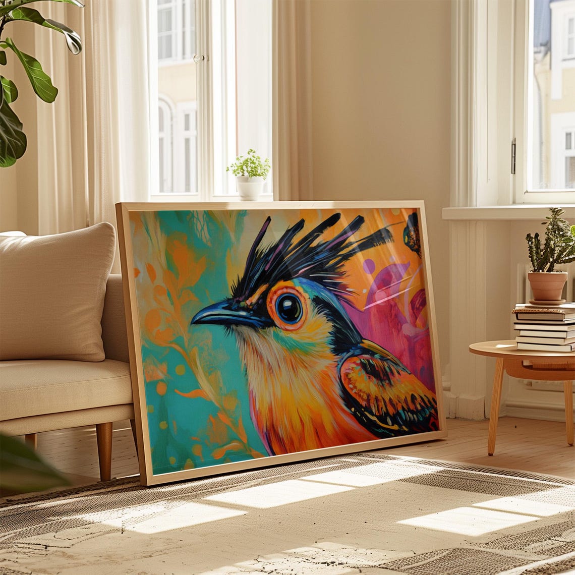 Crested Bird Portrait Orange Teal Abstract Close Up View Poster - Image 4