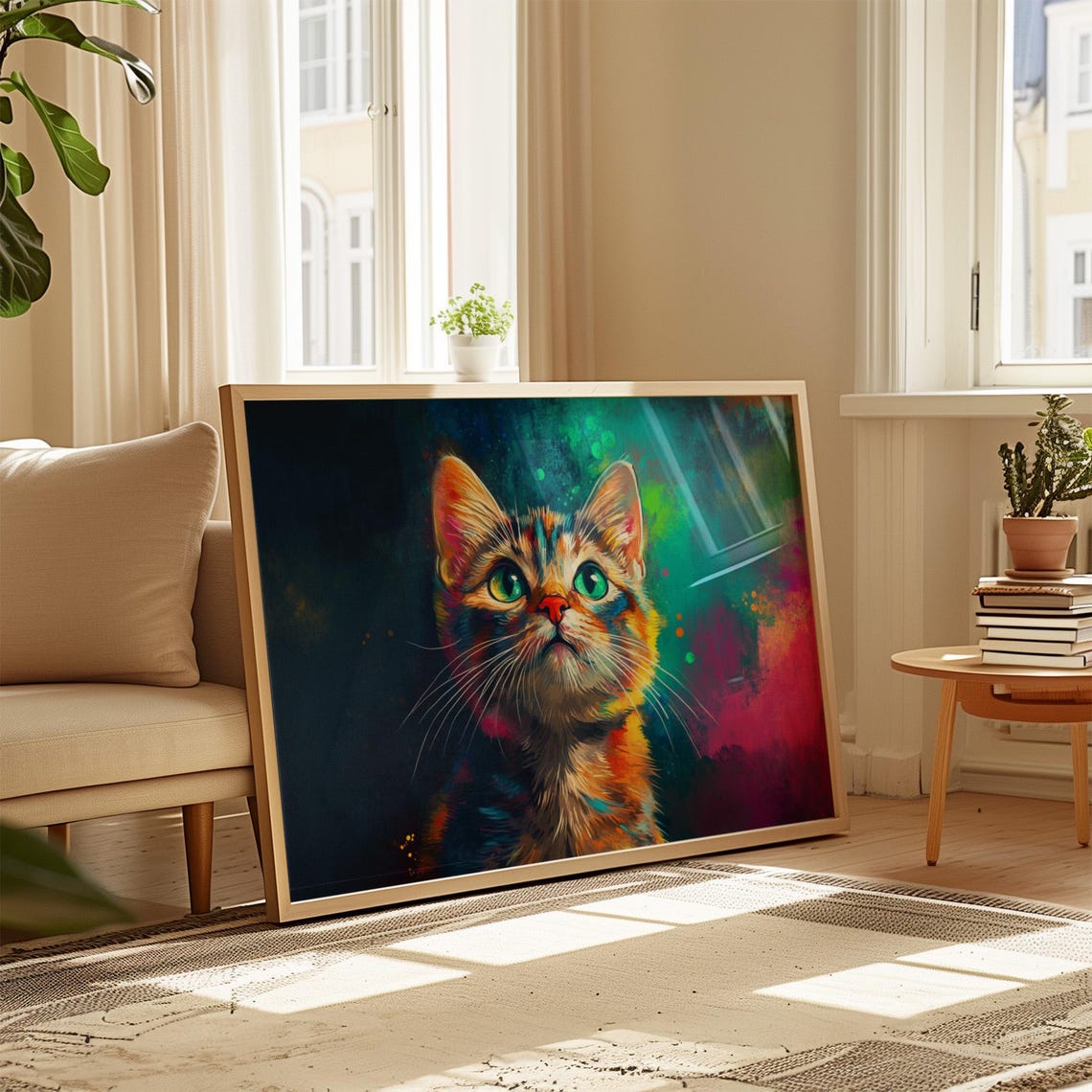 Tabby Kitten Sitting Neon Paint Splashes Dark Blue Background Poster - Image 4