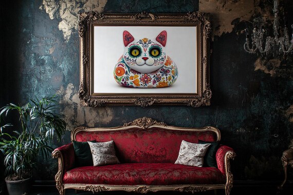 Chubby Sugar Skull Cat Figurine Colorful Floral Day of the Dead Poster