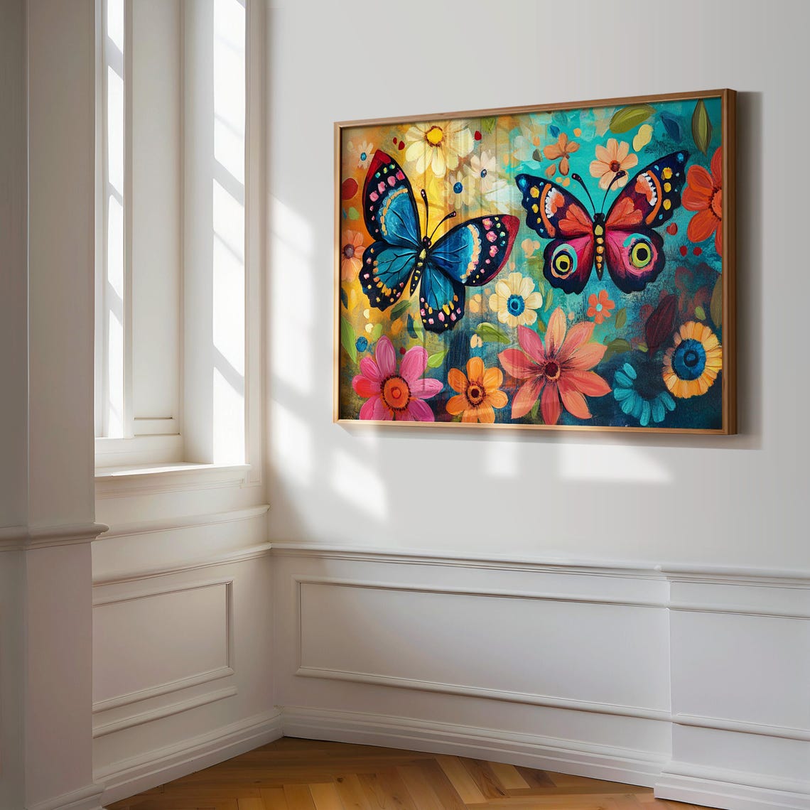 Blue And Pink Butterflies With Eye Spots Colorful Flowers Poster - Image 3