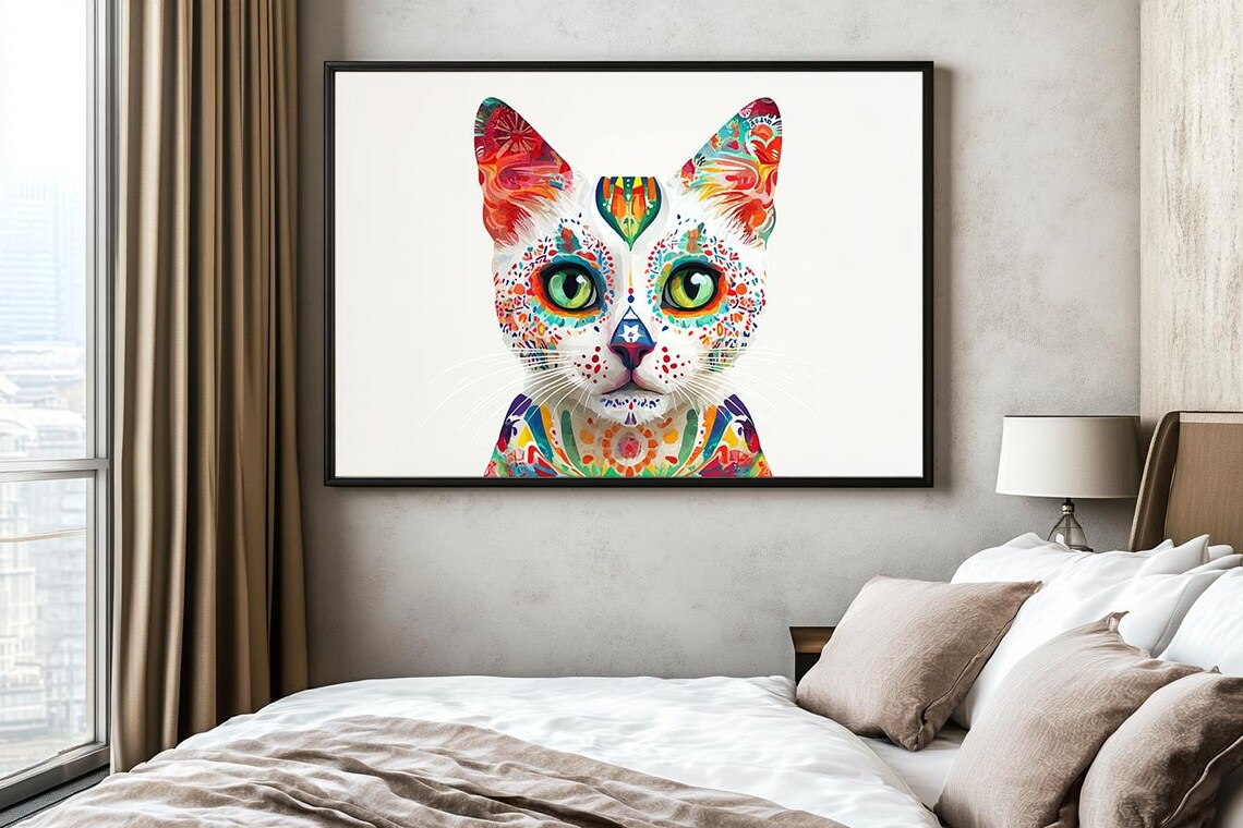 Dazzling Intricate Floral Sugar Skull Cat Portrait Green Eyes Poster - Image 2
