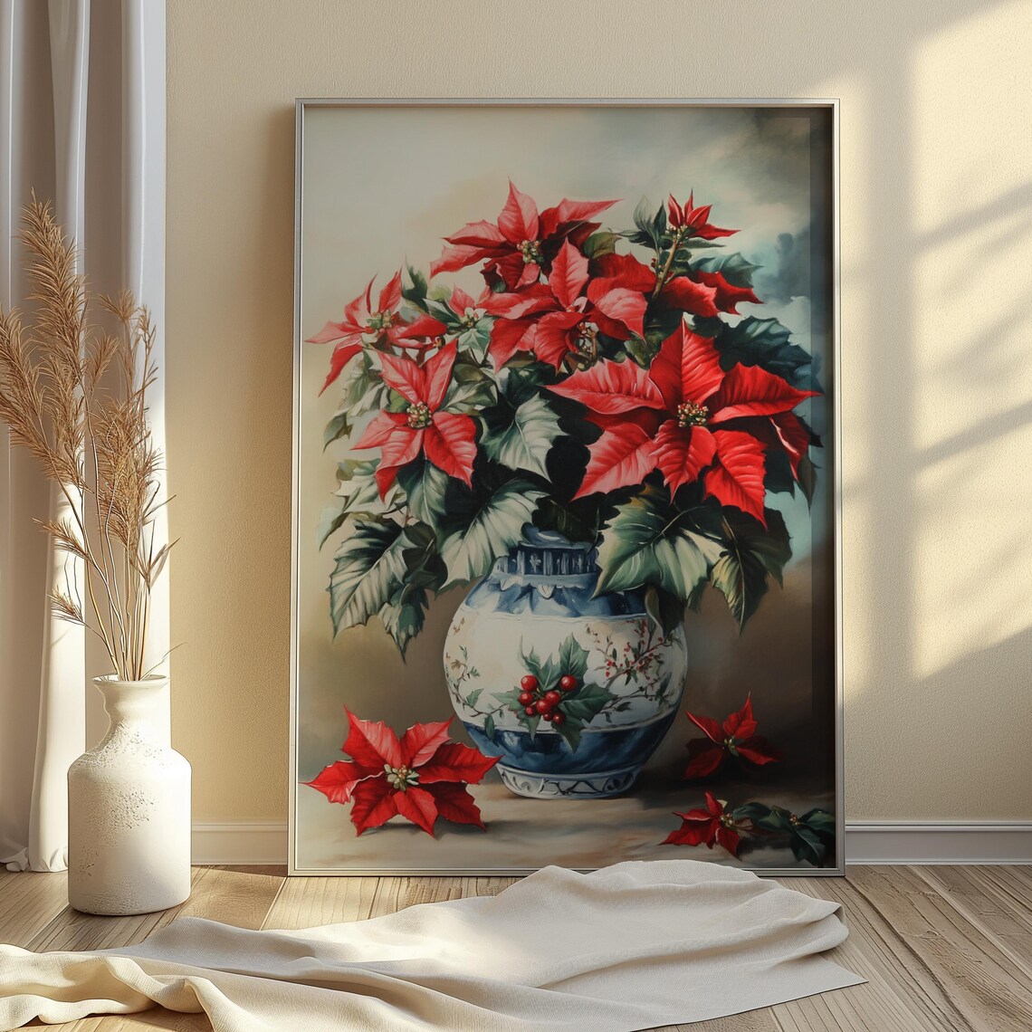 Red Poinsettia Blue White Ginger Jar Christmas Still Life Poster - Image 3