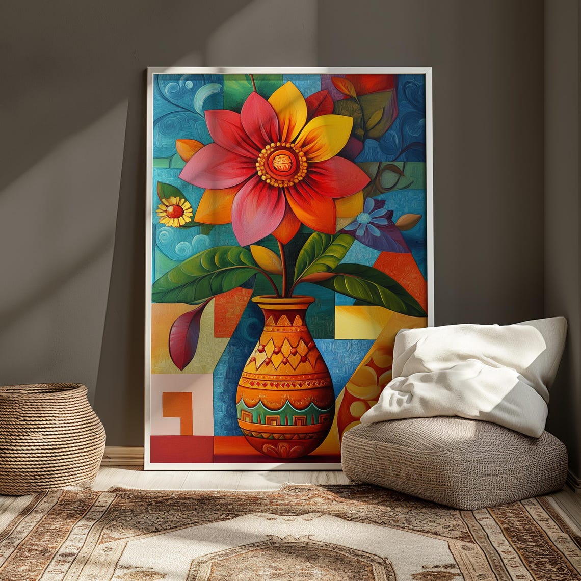 Red Blossom Terracotta Vase Blue Mosaic Pattern Floral Poster - Image 3