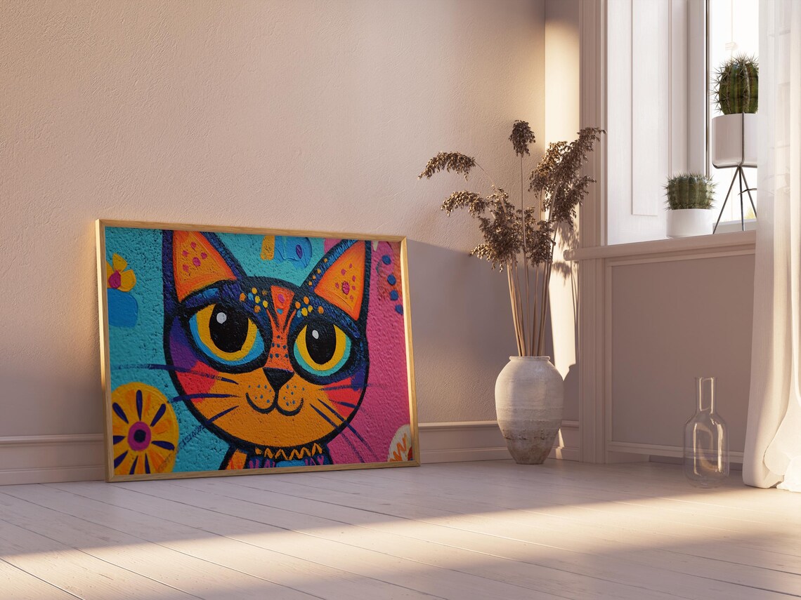 Pop Art Cartoon Cat Huge Yellow Eyes Pink Blue Bold Fun Cat Wall Poster - Image 2