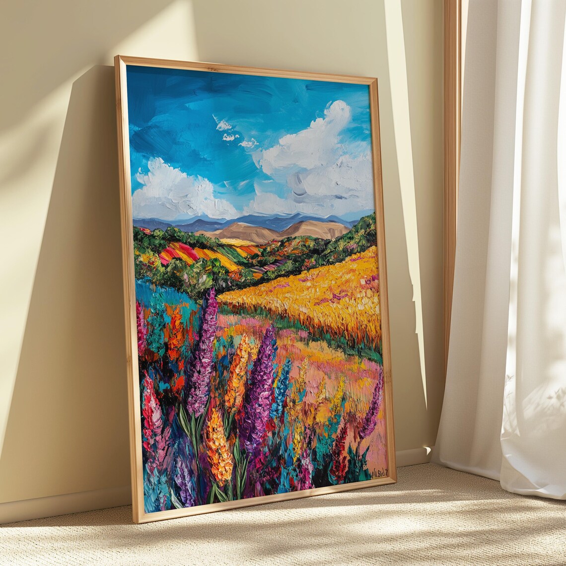 Vibrant Lupines Golden Wheat Fields Rolling Red Hills Blue Sky Landscape Poster - Image 5