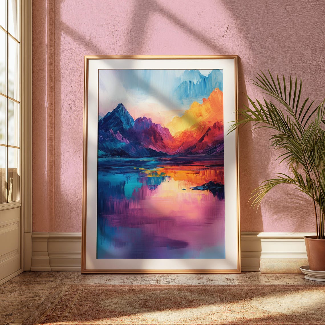 Abstract Mountain Lake Sunset Reflection Bold Color Art Print - Image 2
