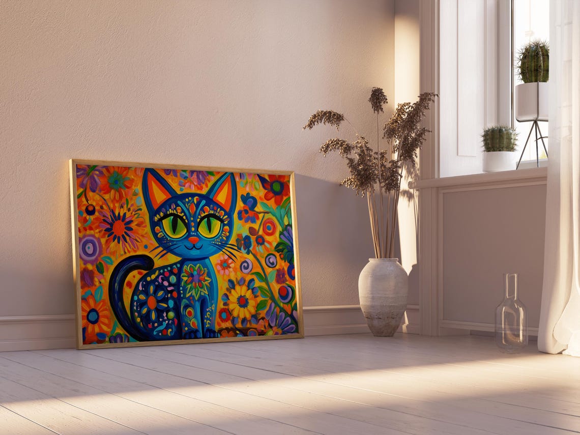 Happy Blue Folk Art Cat Sitting Among Garden Flowers Smiling Poster - Image 2