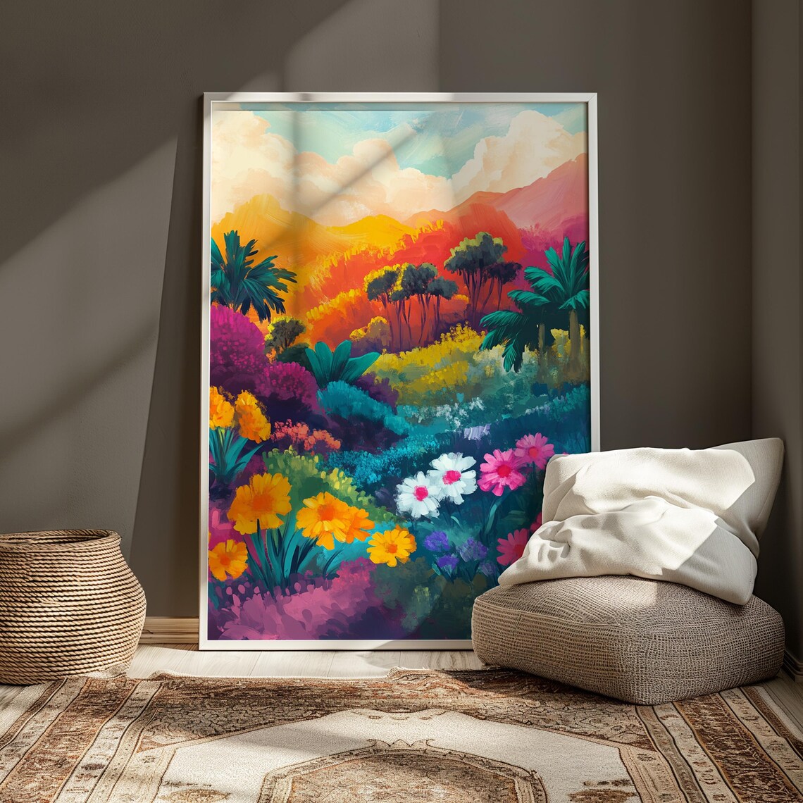 Tropical Garden Daisies Palm Trees Sunset Hills Lush Paradise Wall Art Poster - Image 3