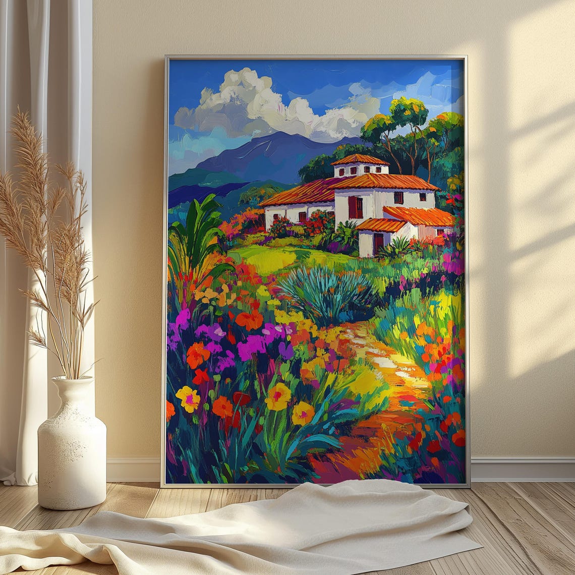 Mexican Hacienda Terracotta Roof Flower Garden Mountain Art Print - Image 4