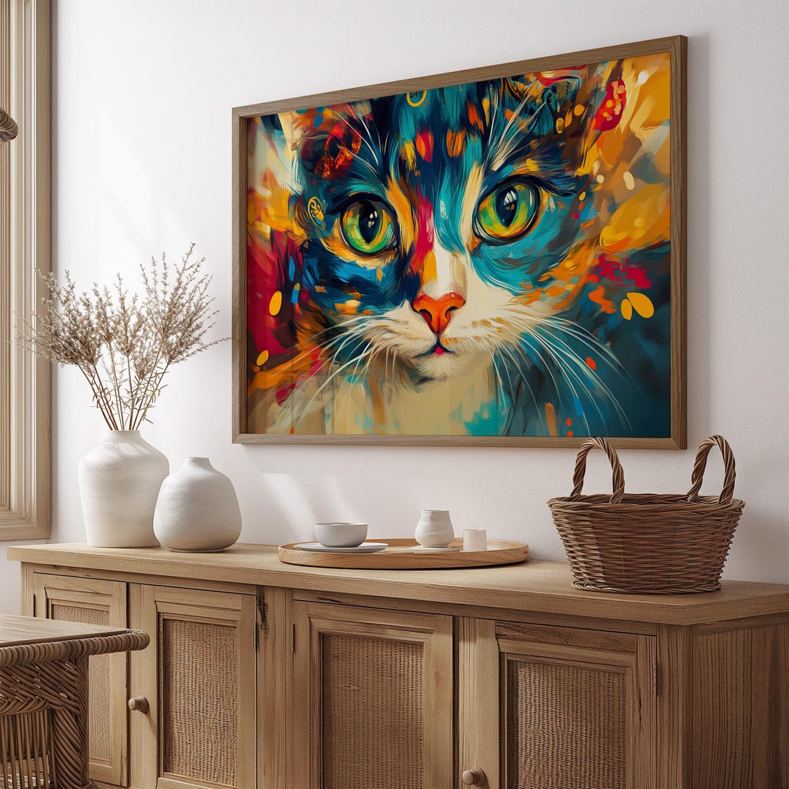 Cat Face Close Up Teal Orange Abstract Brushstroke Painting Poster