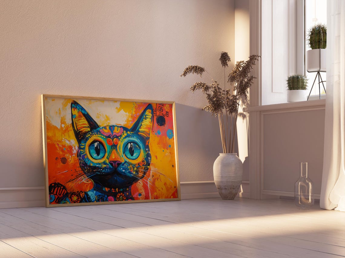 Bright Blue Cat With Big Happy Eyes Colorful Folk Pattern Art Poster - Image 2