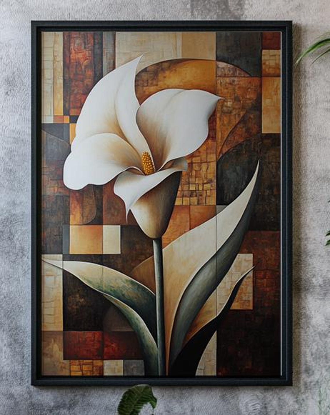 White Calla Lily Cubist Geometric Brown Block Background Art Poster