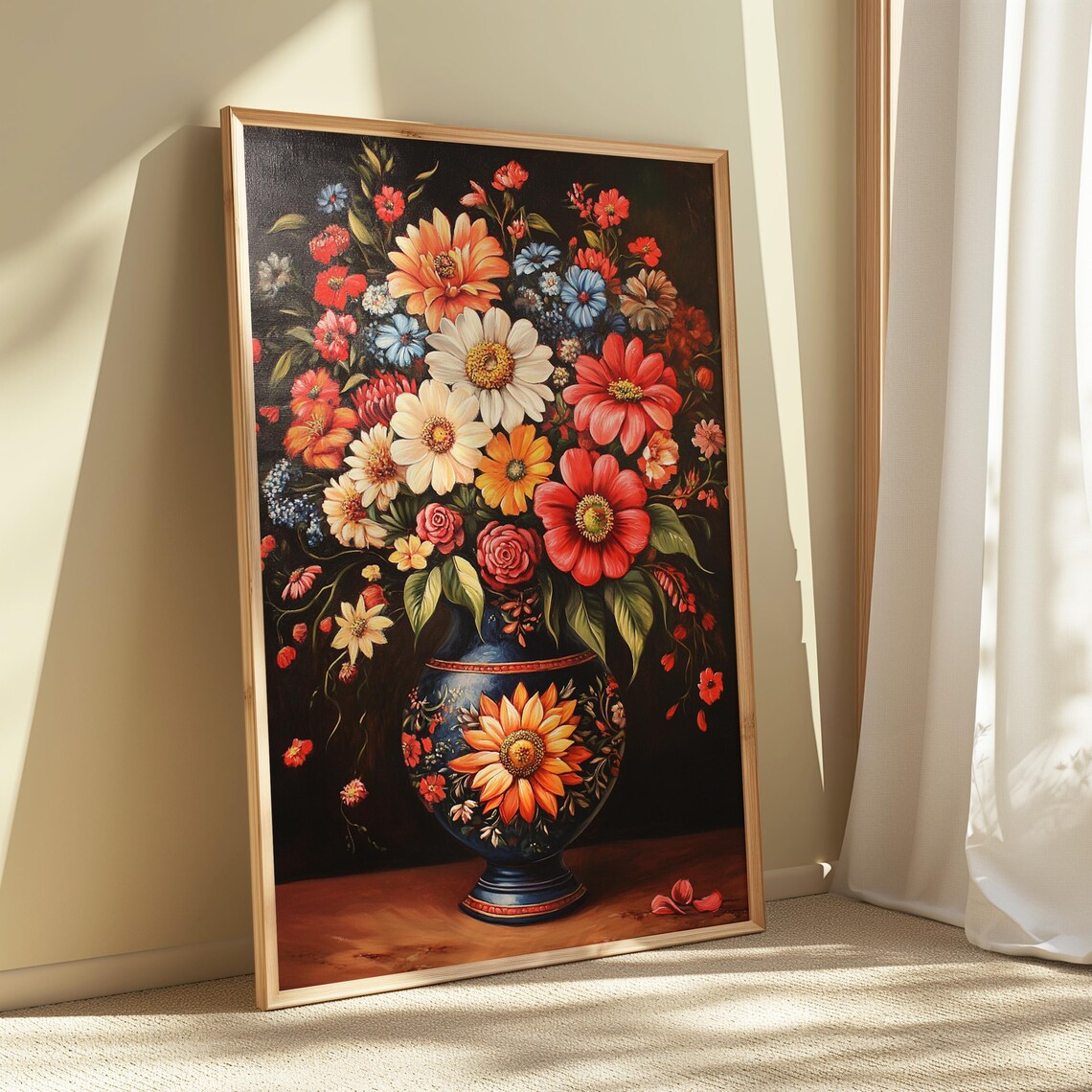 Dense Mixed Garden Bouquet Red Yellow Daisies Dark Blue Vase Poster - Image 5