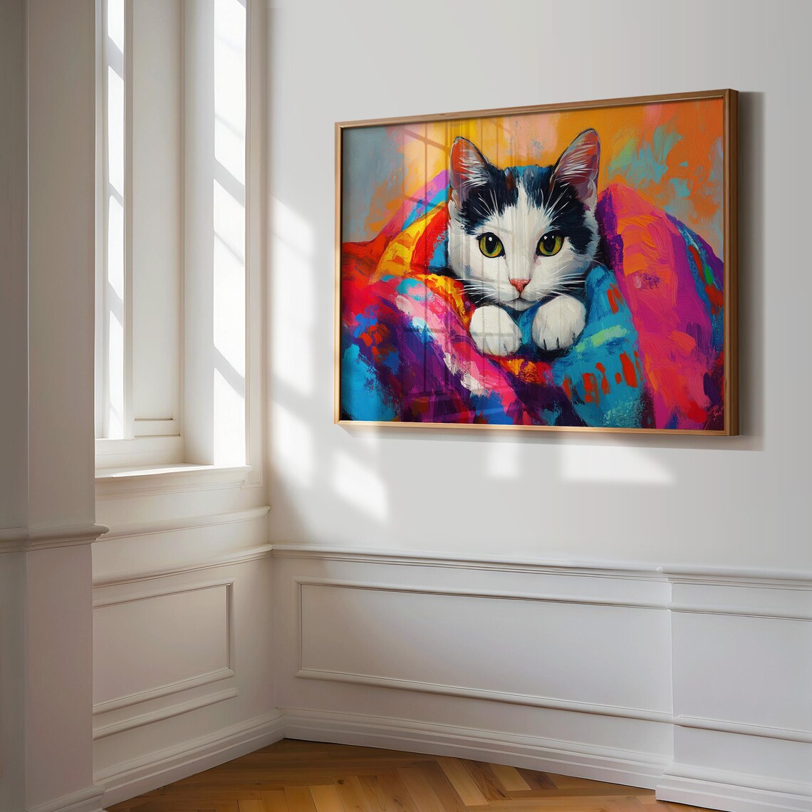 Tuxedo Kitten Peeking from Rainbow Blanket Green Eyes Painting Poster - Image 3