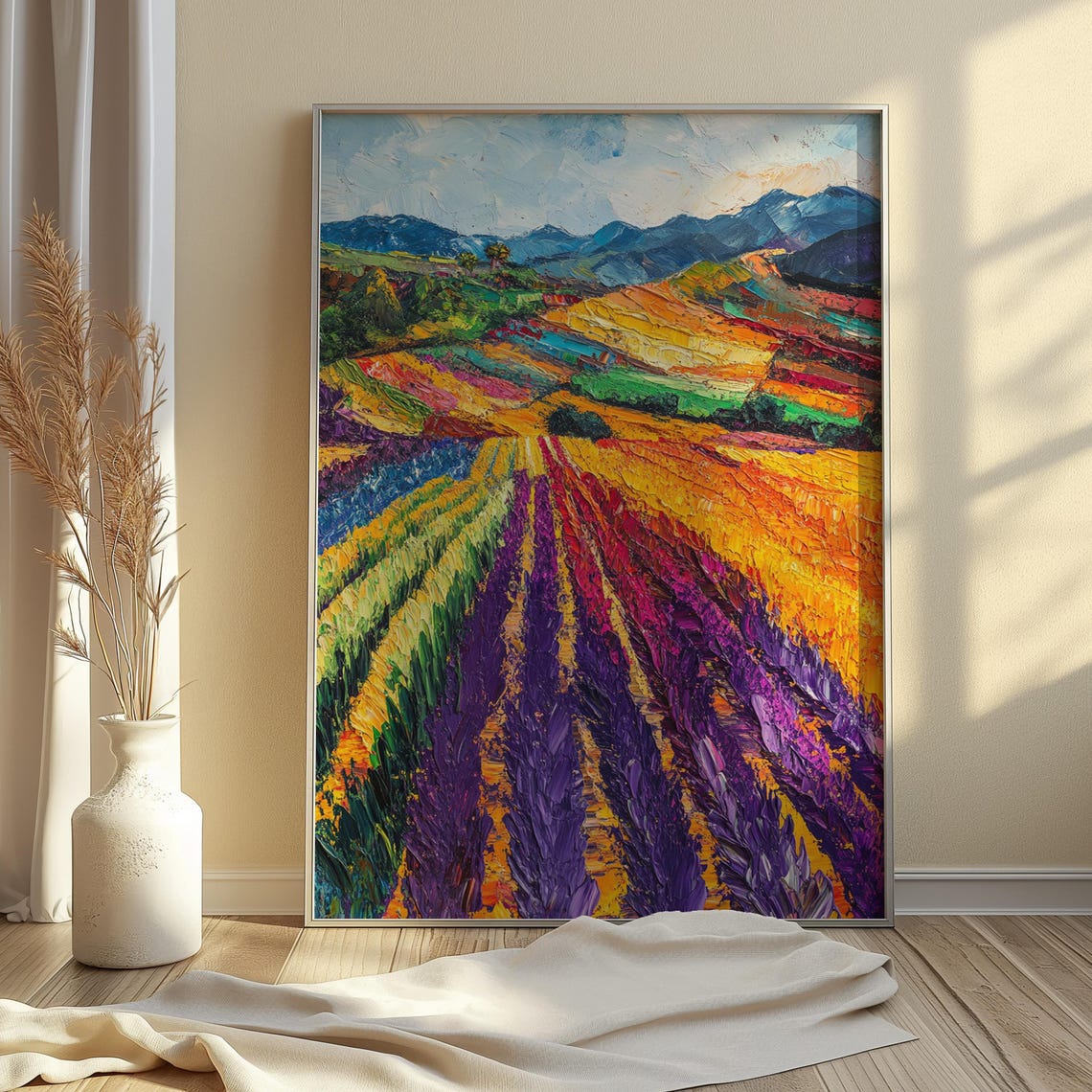 Vibrant Purple Flower Field Rows Colorful Mountain Landscape Print - Image 4