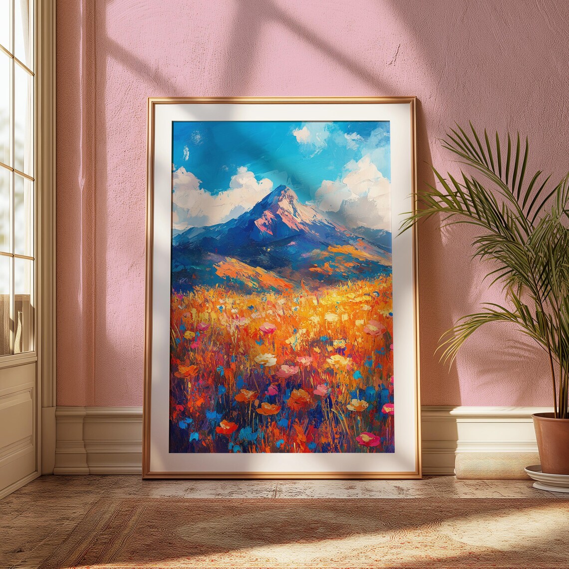Majestic Mountain Peak Orange Wildflower Meadow Blue Sky Landscape Poster - Image 2
