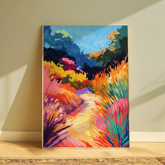 Sunlit Meadow Path Colorful Grasses Impressionist Landscape Wall Art Poster