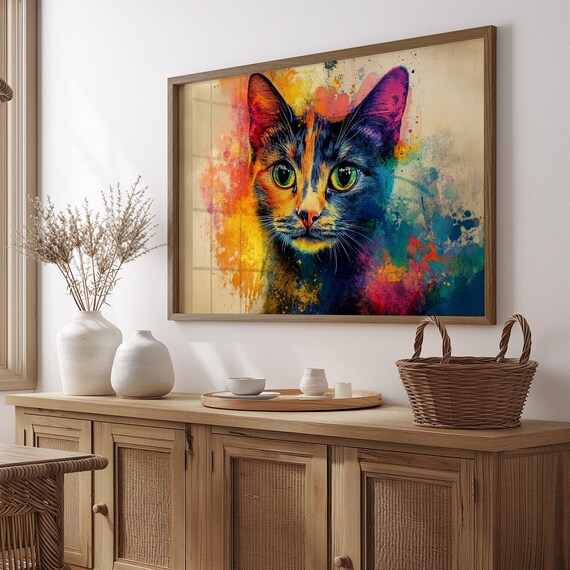 Watercolor Splatter Cat Face Green Eyes Vibrant Rainbow Splash Poster