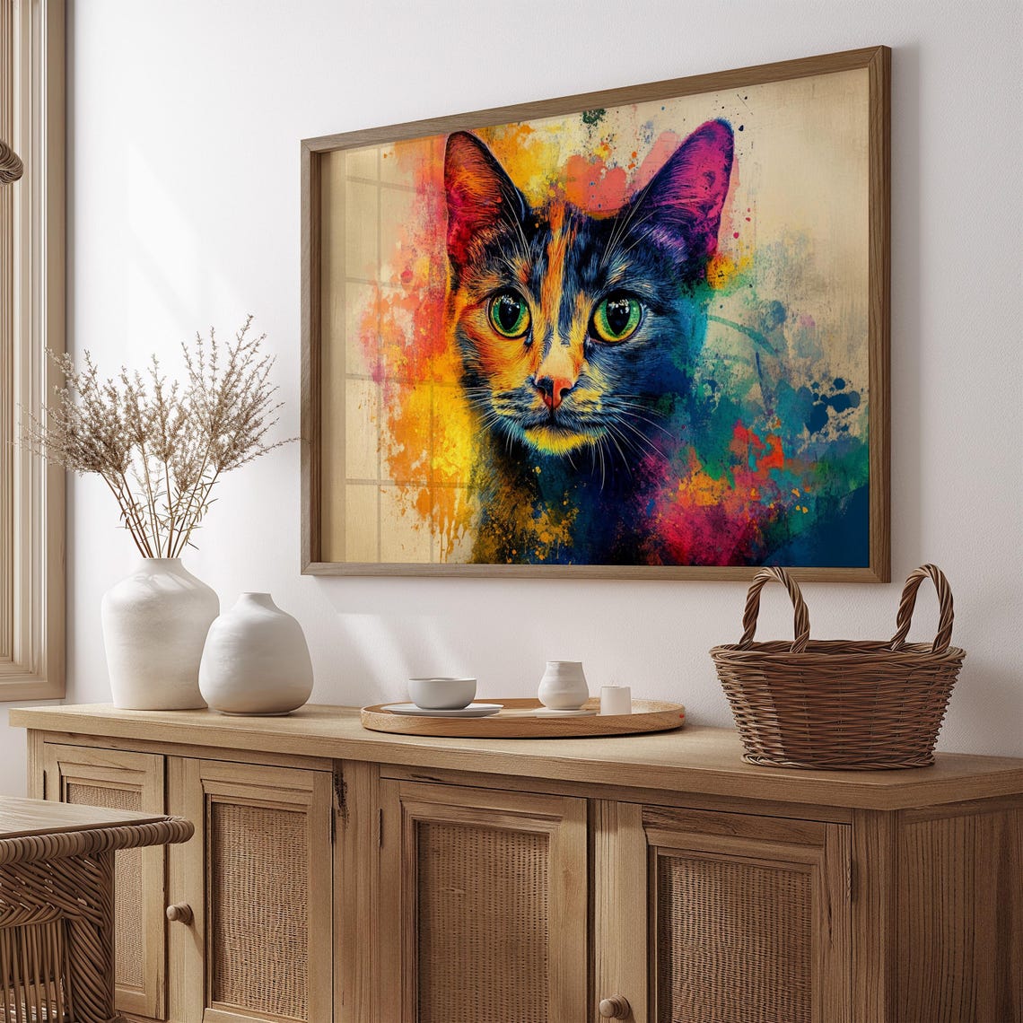 Watercolor Splatter Cat Face Green Eyes Vibrant Rainbow Splash Poster