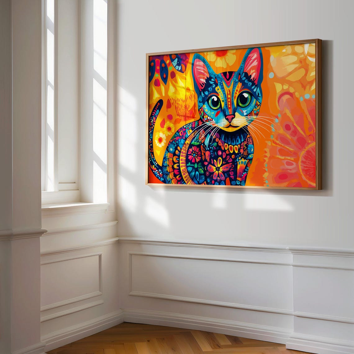 Blue Cat Sitting Mandala Floral Patterns Green Eyes Orange Art Poster - Image 3