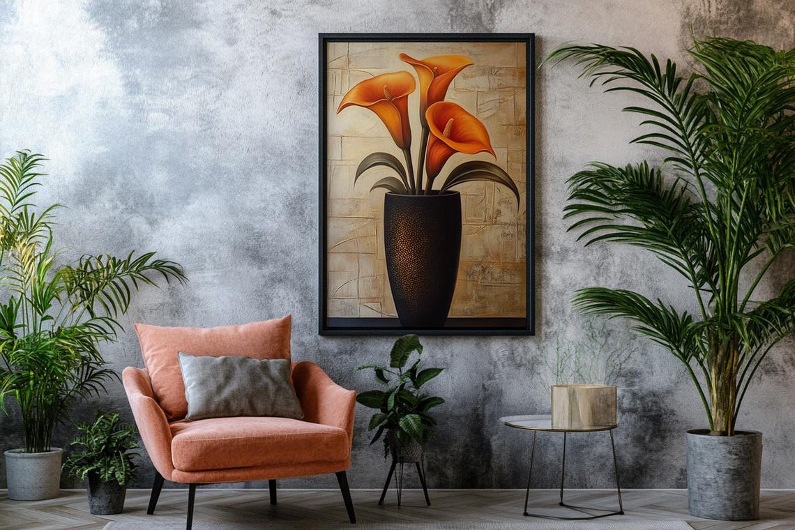 Orange Calla Lilies Black Vase Minimalist Modern Floral Art Poster - Image 2