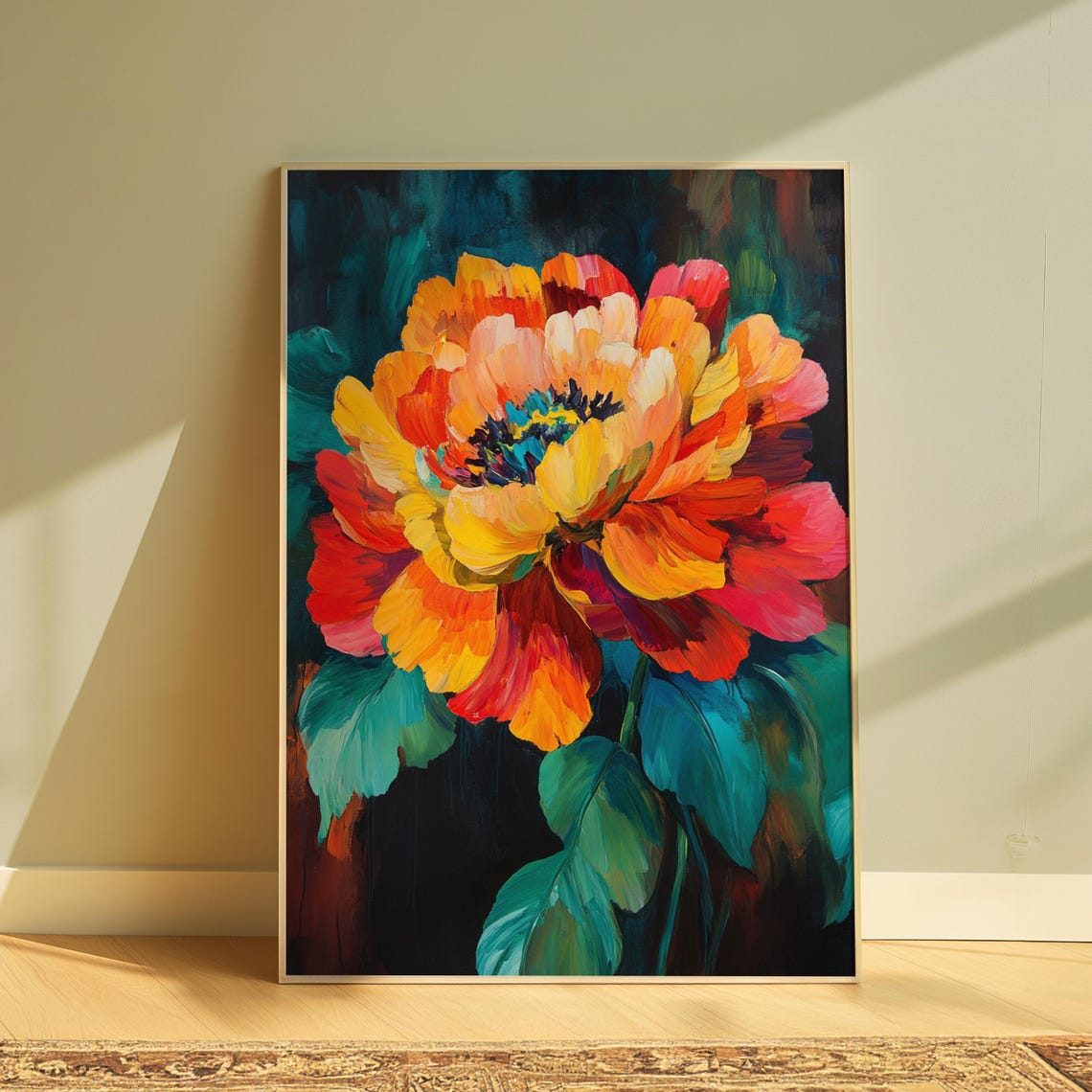 Sunset Peony Bloom Dark Teal Background Impressionist Floral Poster