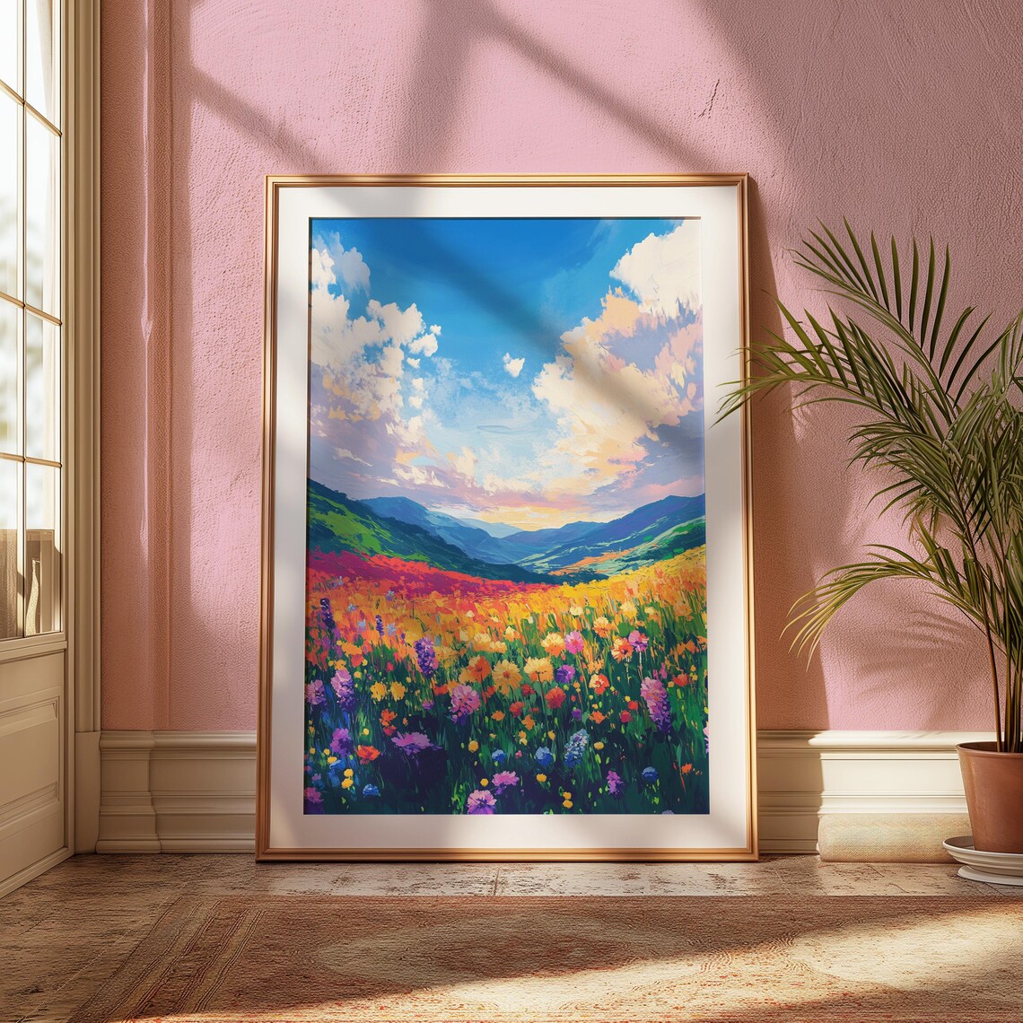 Rainbow Wildflower Meadow Blue Mountains Cloudy Sky Panoramic Landscape Poster - Image 2