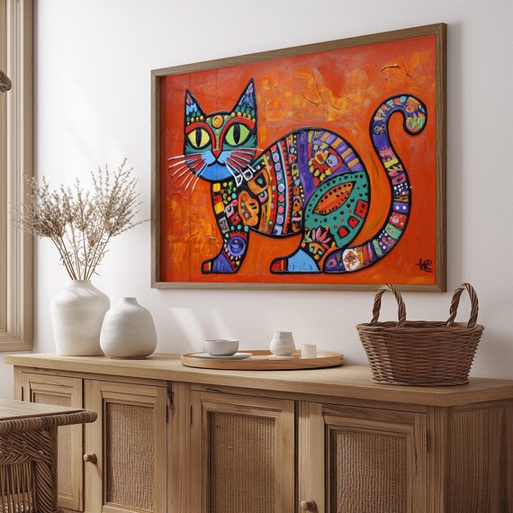 Sitting Cat Colorful Patchwork Mosaic Patterns Bright Orange Art Poster