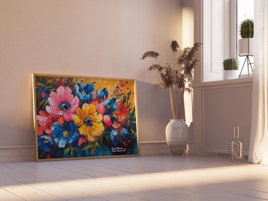 God Bless This Home Vibrant Bold Blossom Gold Blue Floral Poster - Image 2