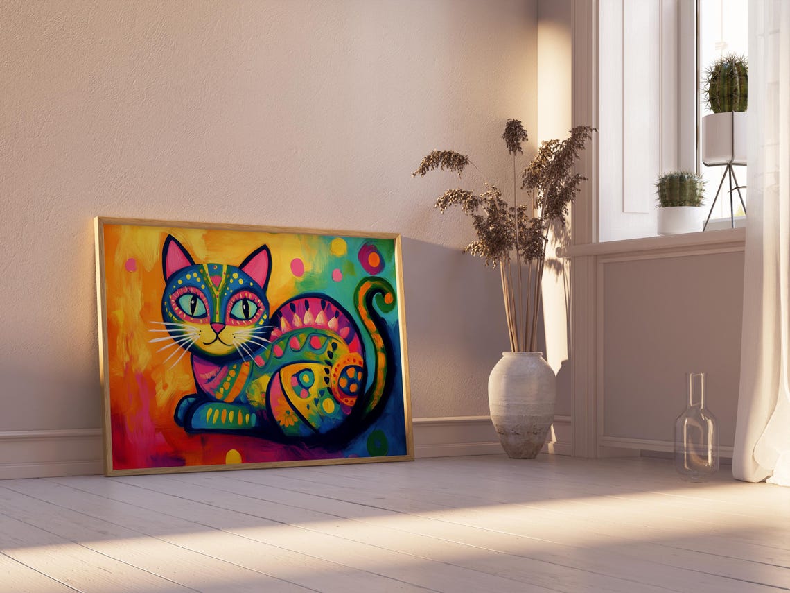 Rainbow Folk Art Cat Curled Up Patterned Coat Bright Happy Cat Poster - Image 2