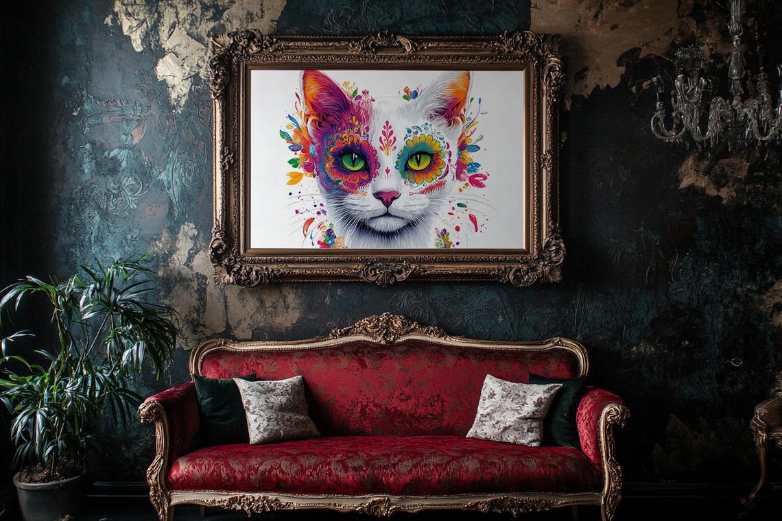 Vibrant White Cat With Pink Orange Watercolor Sugar Skull Poster - Image 2