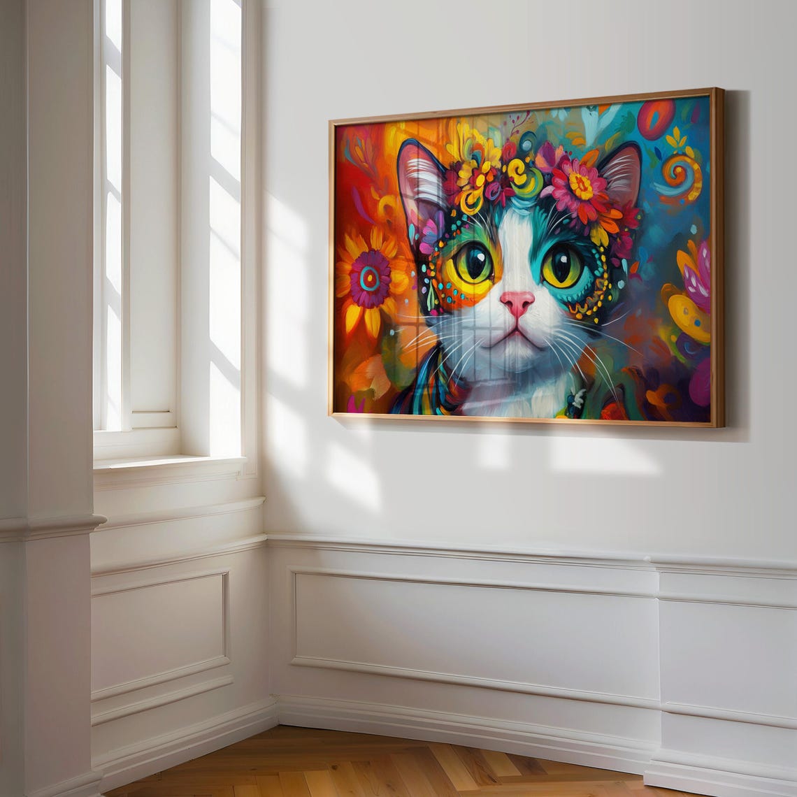 Kitten With Flower Crown Big Green Eyes Vibrant Fiesta Folk Art Poster - Image 3