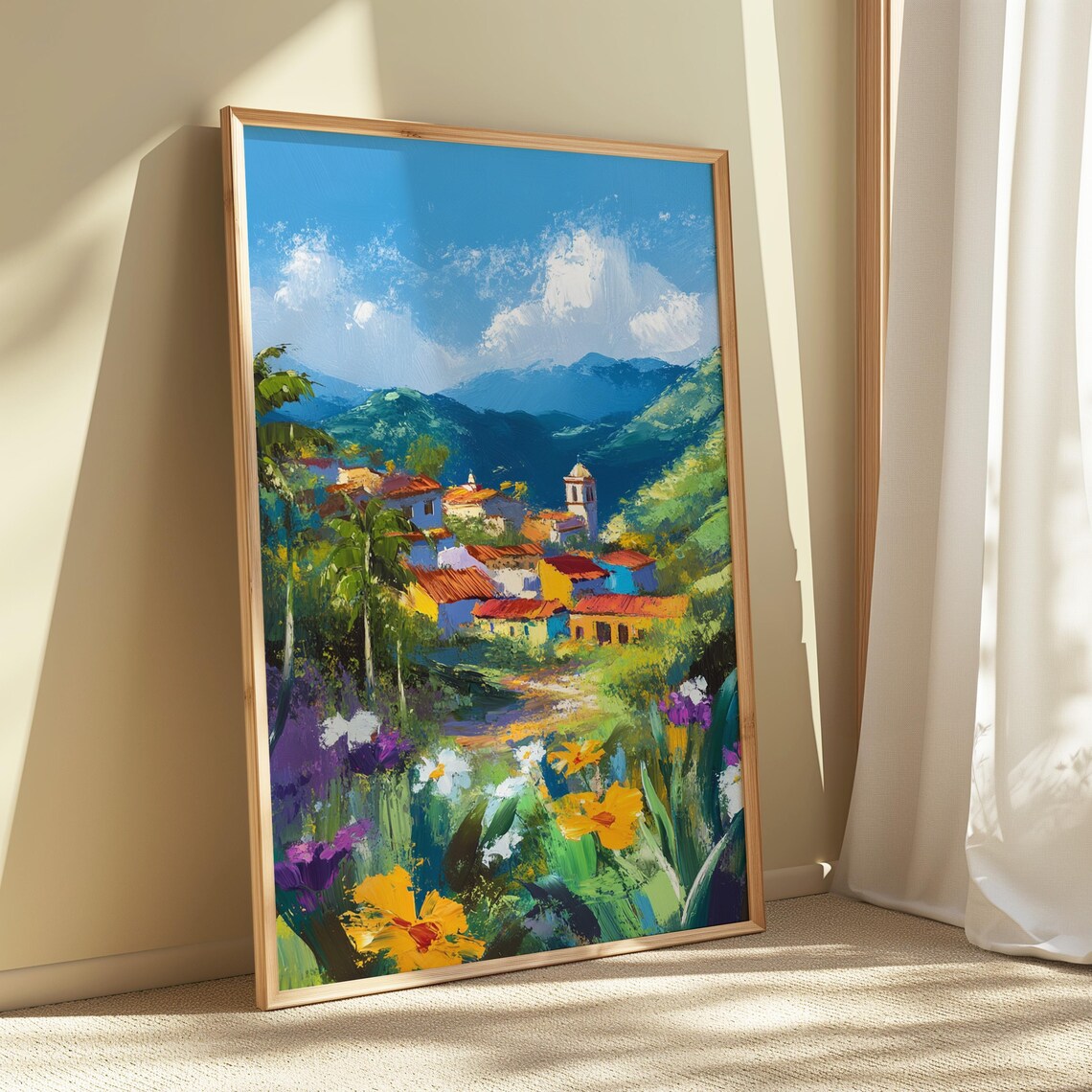 Mexican Hillside Village Red Tile Roofs Bell Tower Palms Mountain Backdrop Poster - Image 5