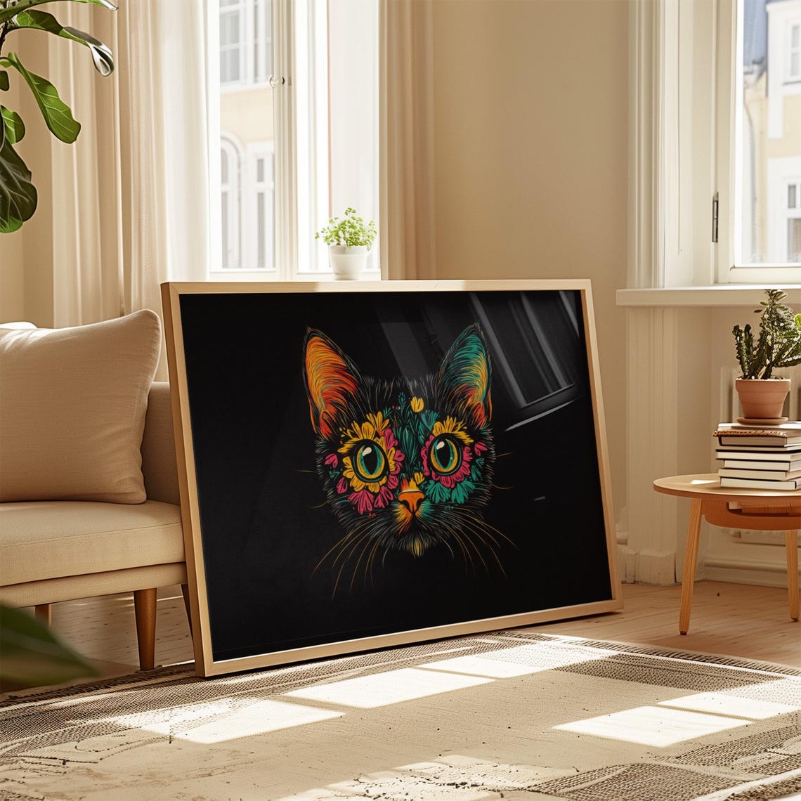 Colorful Streaked Cat Face Neon Brushstroke Paint Black Wall Art - Image 4