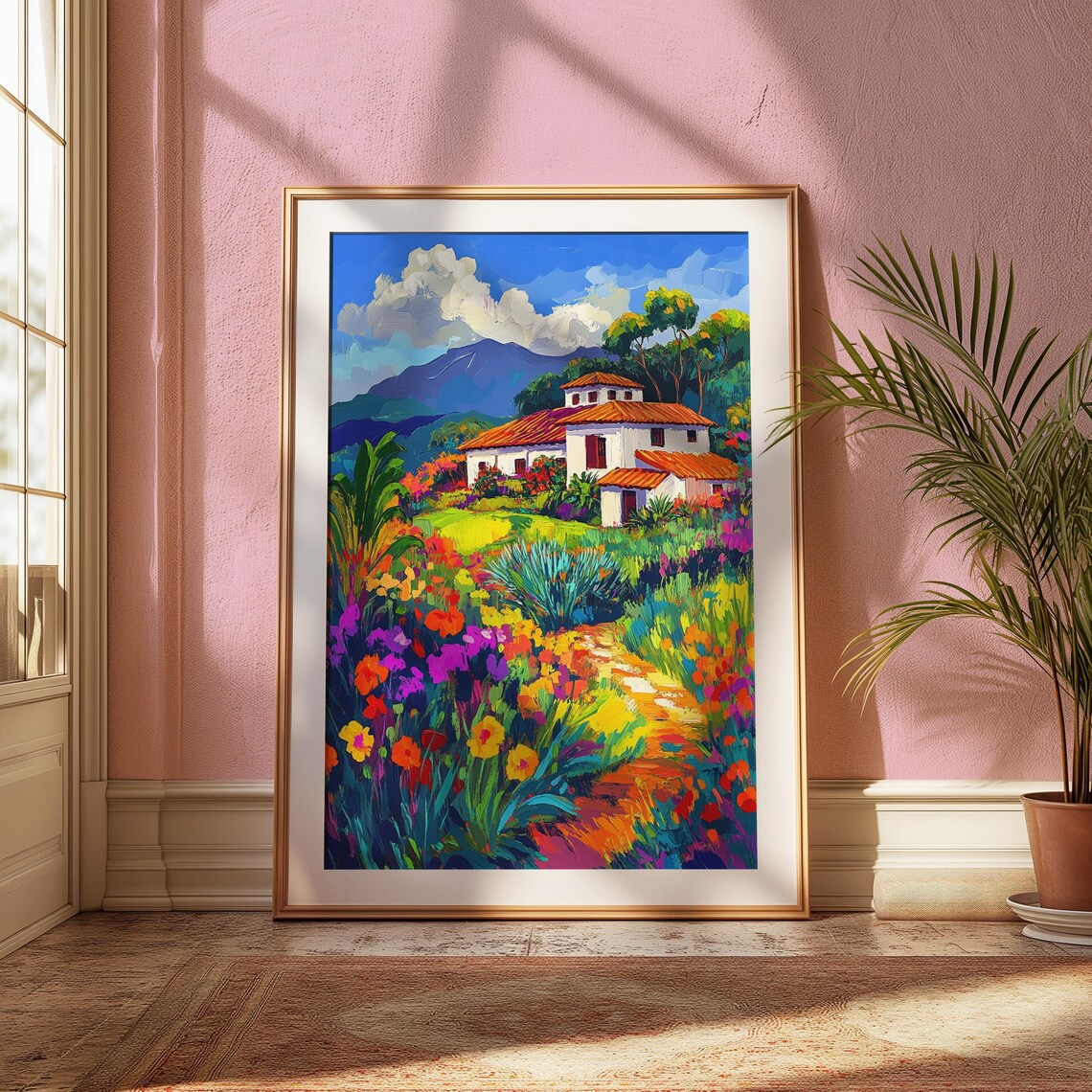 Mexican Hacienda Terracotta Roof Flower Garden Mountain Art Print - Image 2