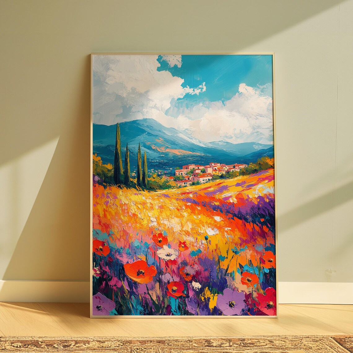 Colorful Mexican Village Wildflower Meadow Mountain Landscape Print