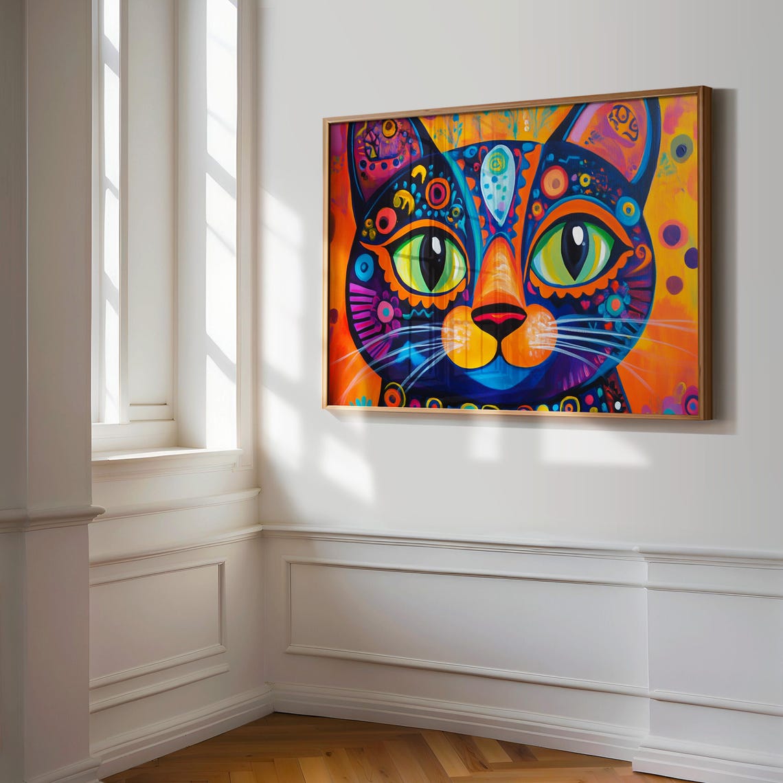 Black Cat Close Up Huge Green Eyes Psychedelic Dot Pattern Art Poster - Image 3