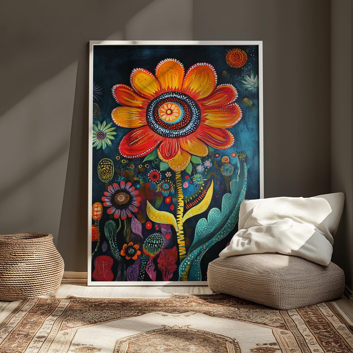Fiery Fantasy Flower Night Garden Whimsical Floral Art Poster - Image 3