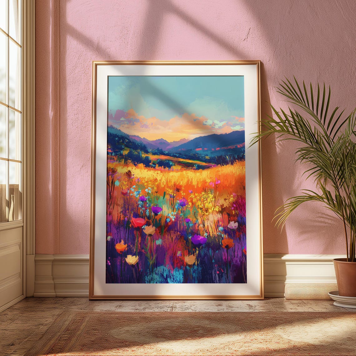 Wildflower Meadow Sunset Mountain View Impressionist Art Print - Image 2