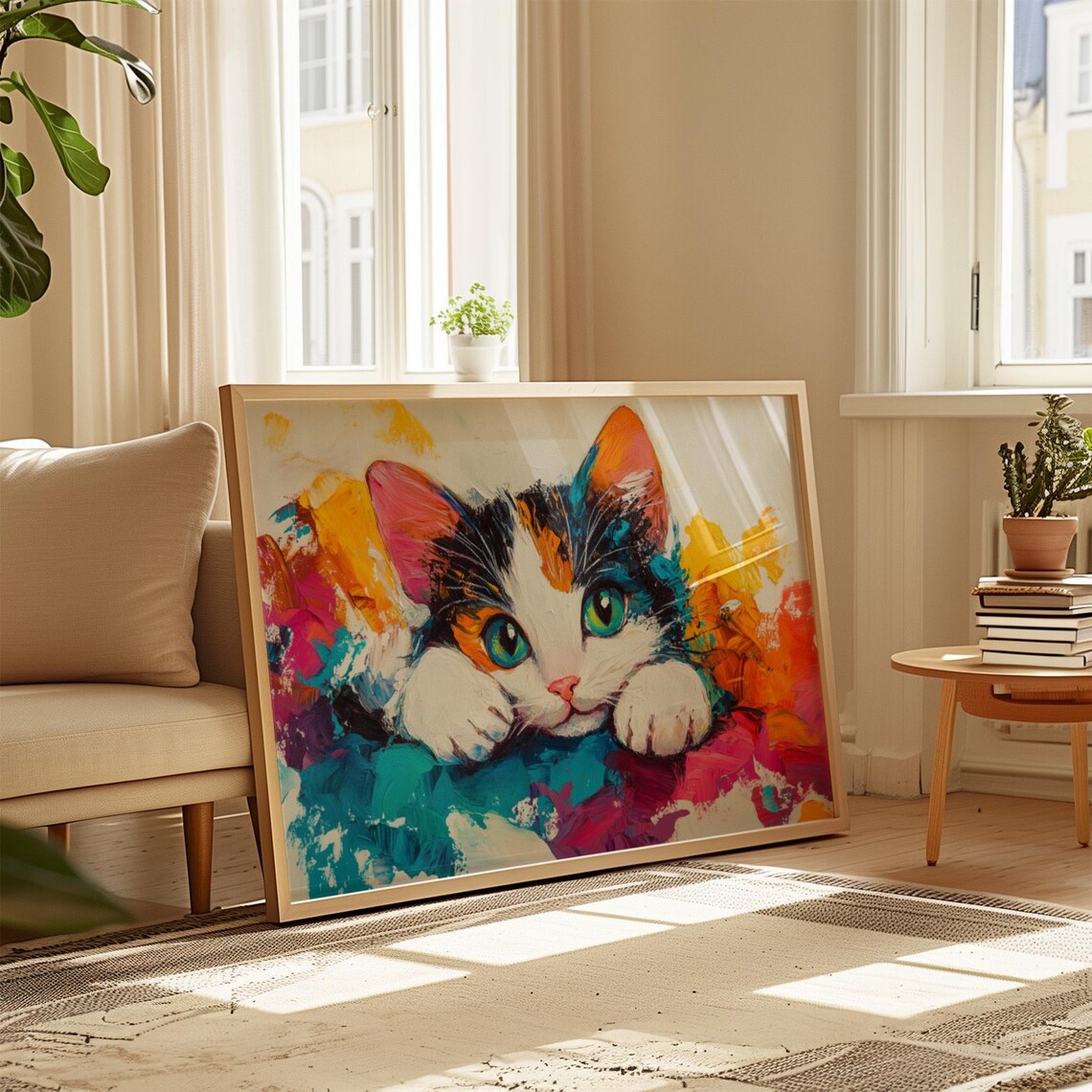 Playful Calico Kitten Paws Resting Vibrant Abstract Paint Splash Cat Poster - Image 4