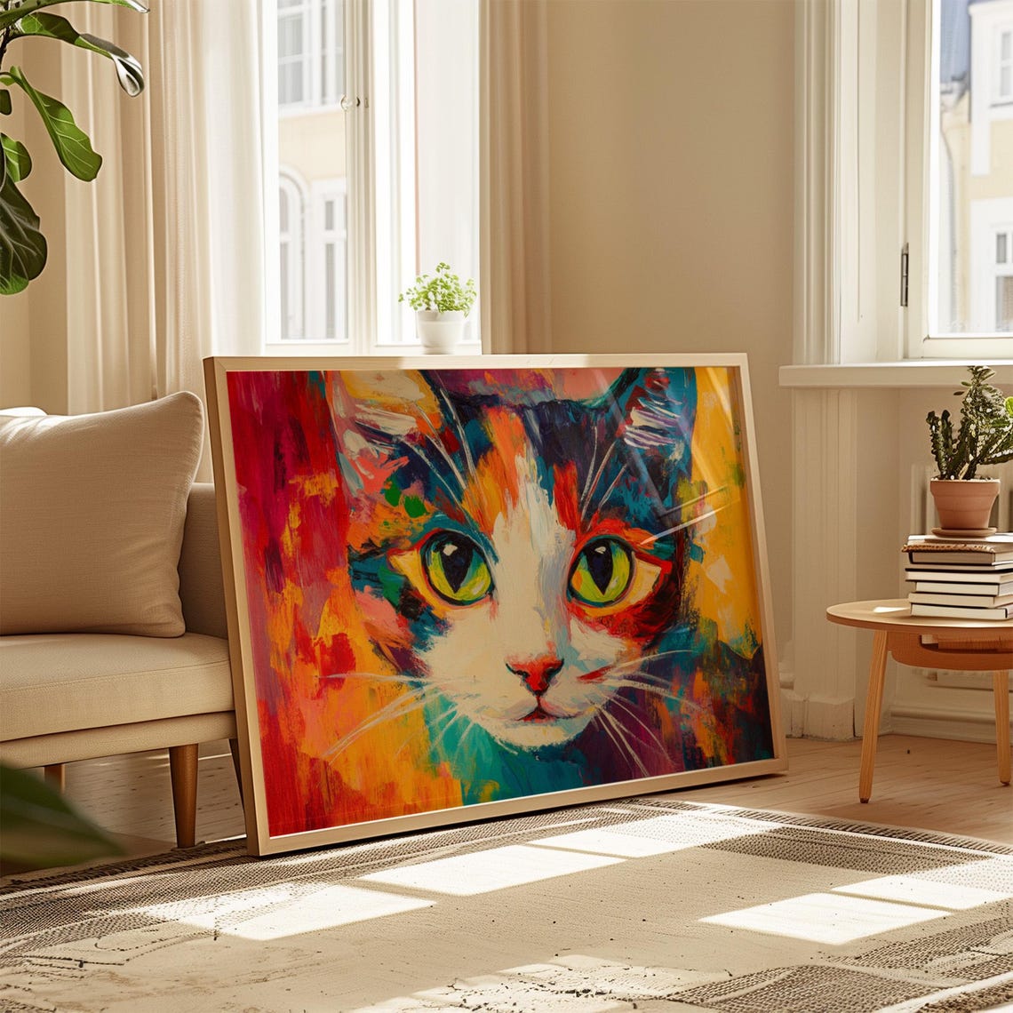 Painterly Cat Face Green Eyes Bold Red Orange Brushstroke Art Poster - Image 4
