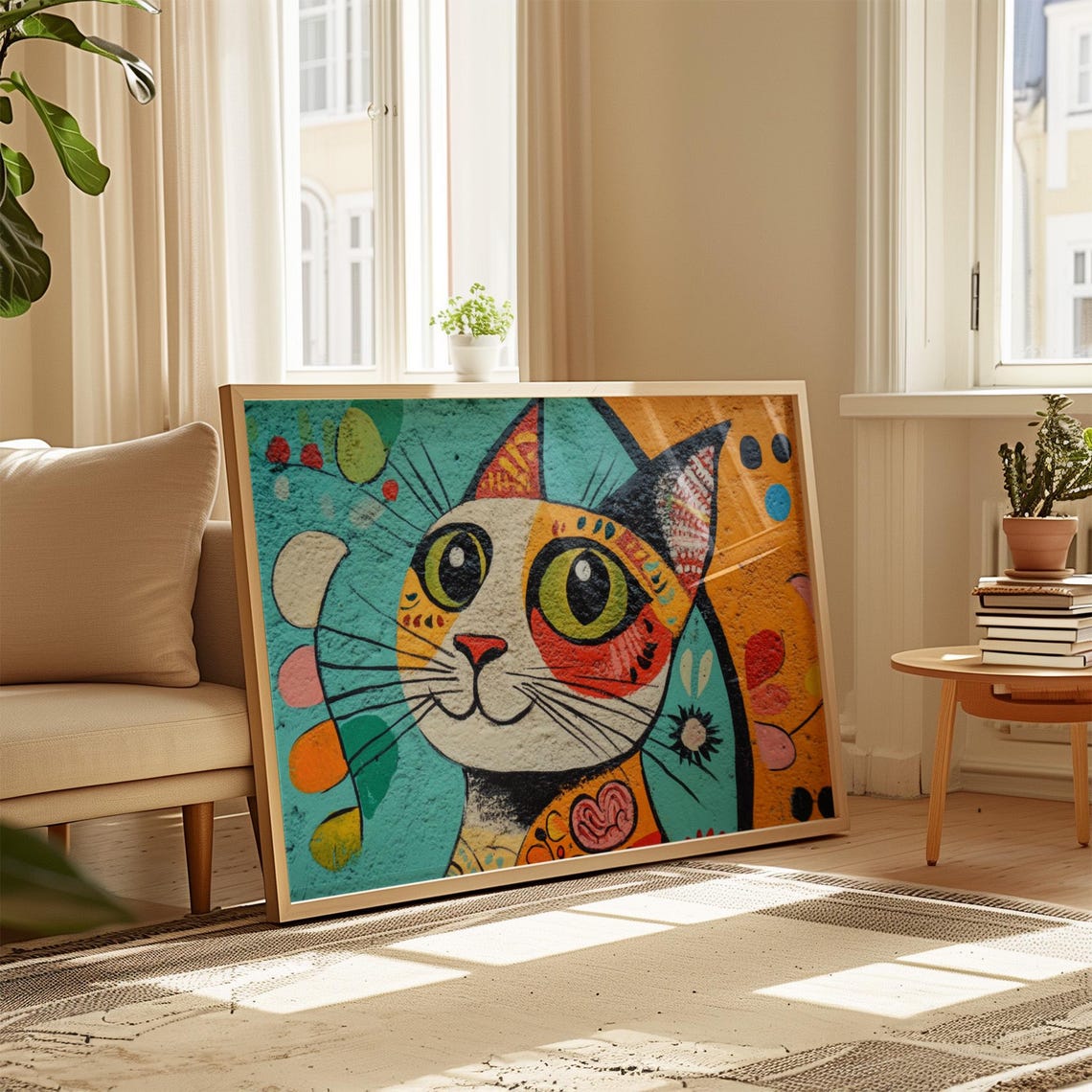 Whimsical Big Eyed Cat Face Pop Art Turquoise Orange Abstract Poster - Image 4