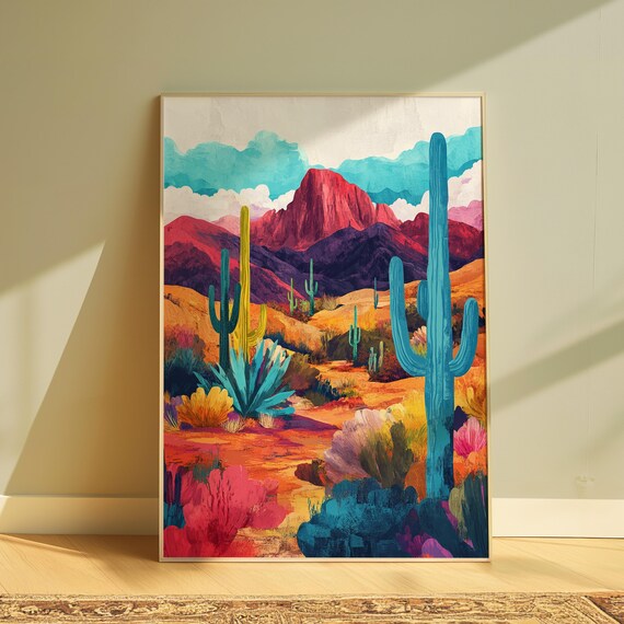 Desert Cactus Agave Red Rock Butte Landscape Colorful Art Poster