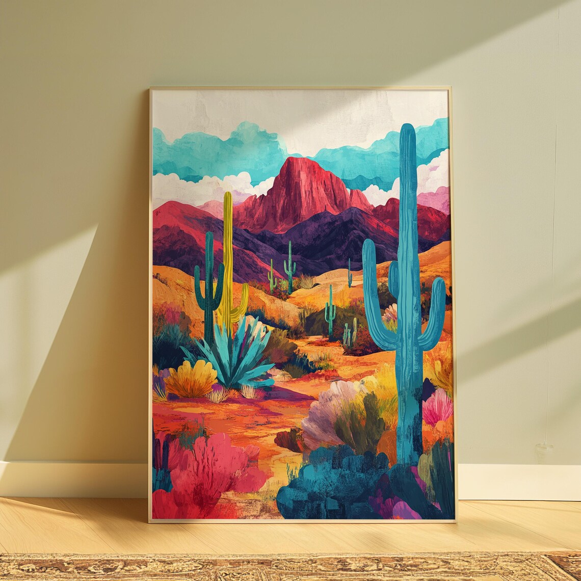 Desert Cactus Agave Red Rock Butte Landscape Colorful Art Poster